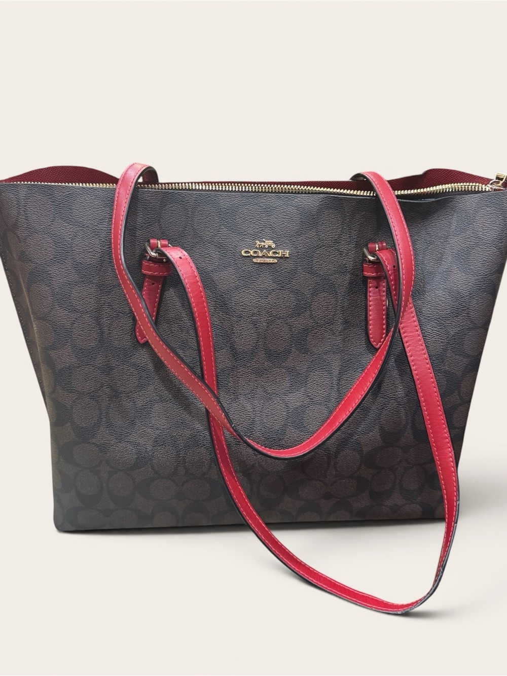 Coach City Zip Tote Signature Canvas Brown Red Leather Gold Hardware F58292 - Picture 3 of 11